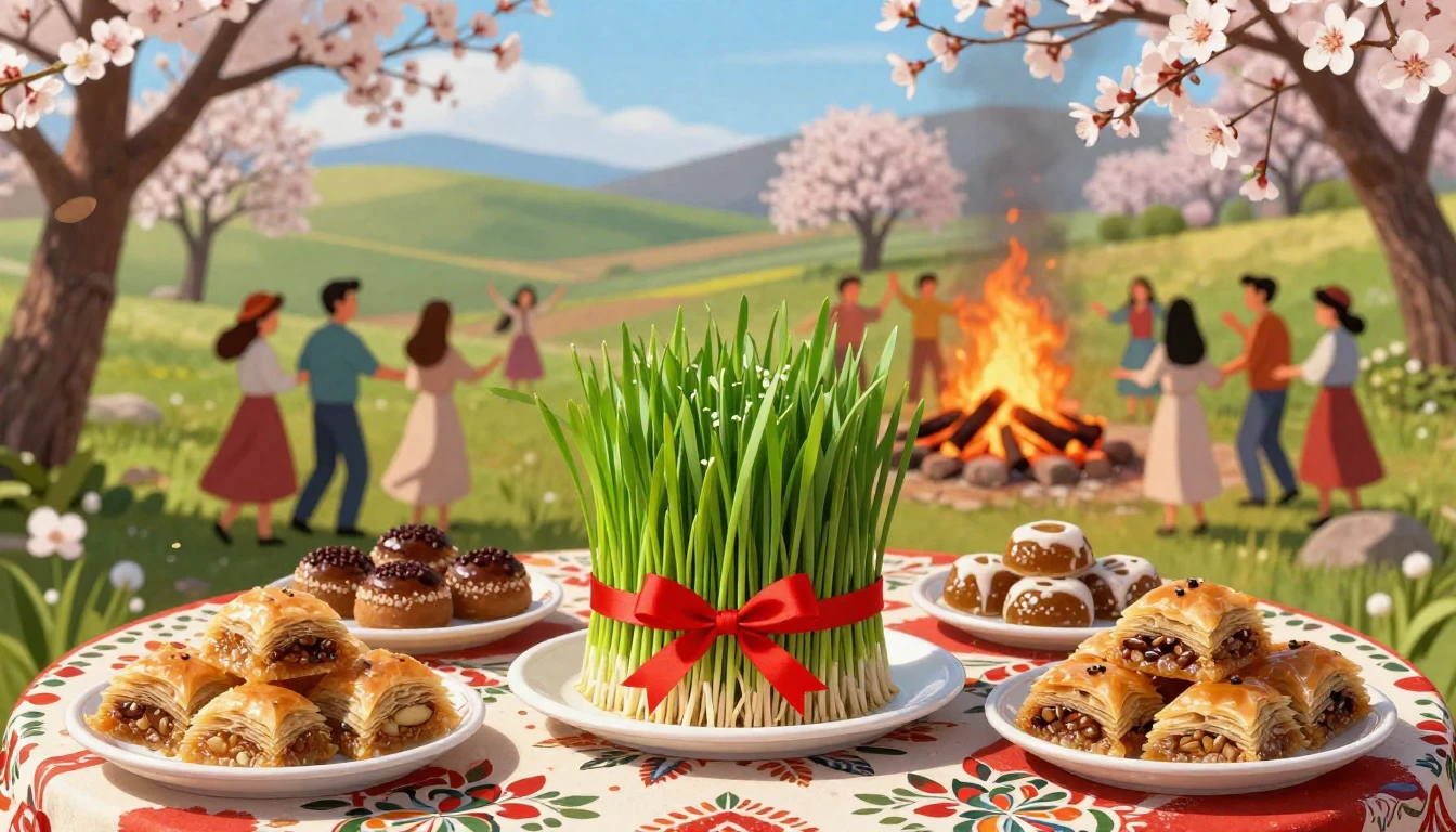 A festive and vibrant illustration of the Novruz holiday cel...