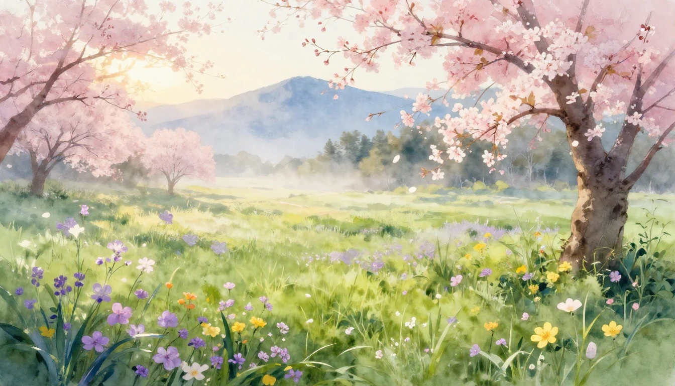 A breathtaking watercolor painting of a lush green meadow at...