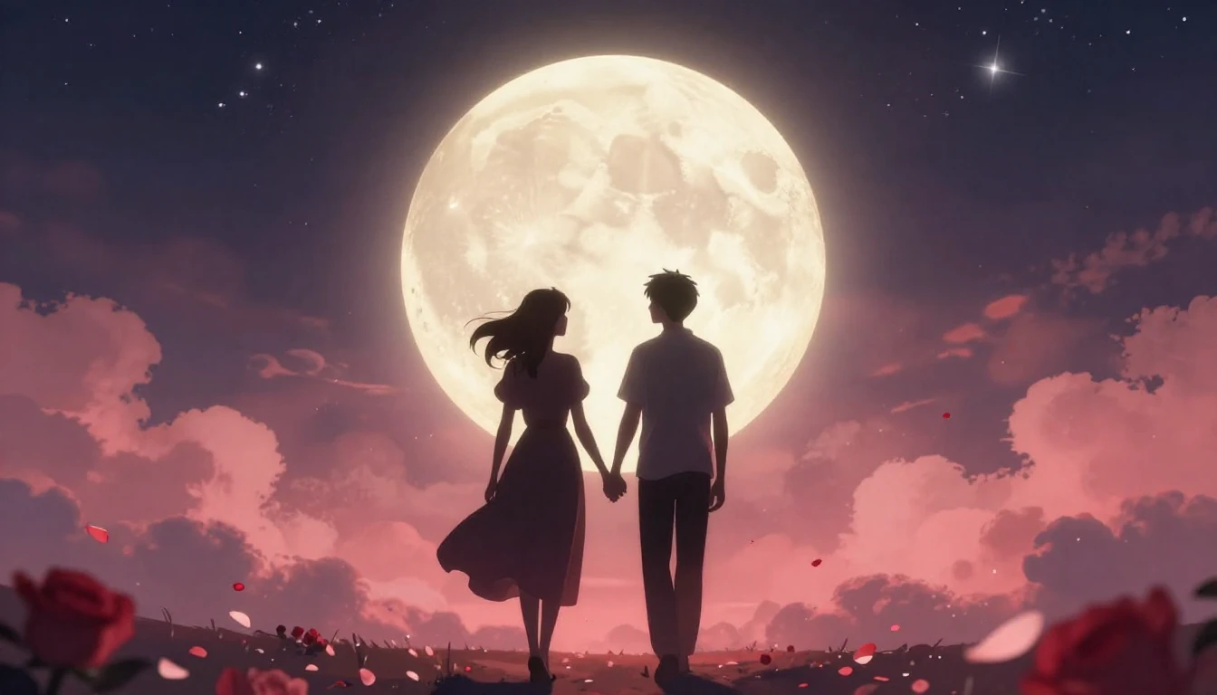 A romantic and dreamy illustration of two silhouetted figure...