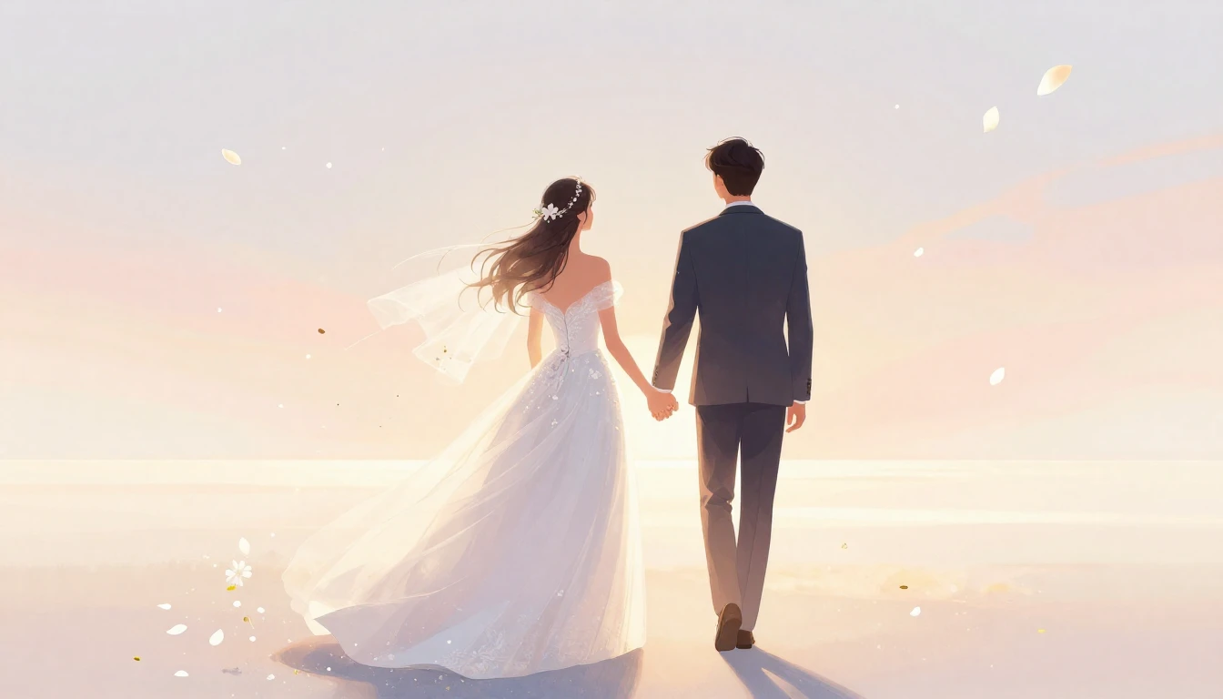 A romantic and dreamy illustration of a bride and groom hold...