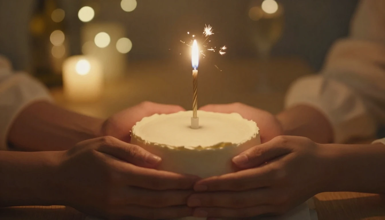 A warm and romantic birthday scene, close-up of a small mini...