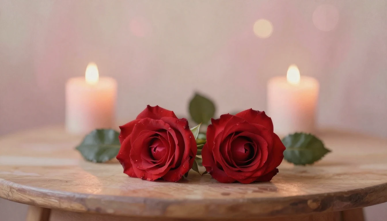 A soft and ethereal painting depicting two delicate red rose...