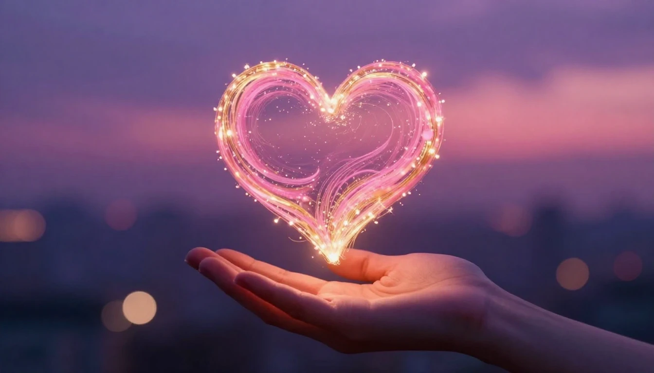 A warm and romantic scene depicting a glowing, stylized hear...