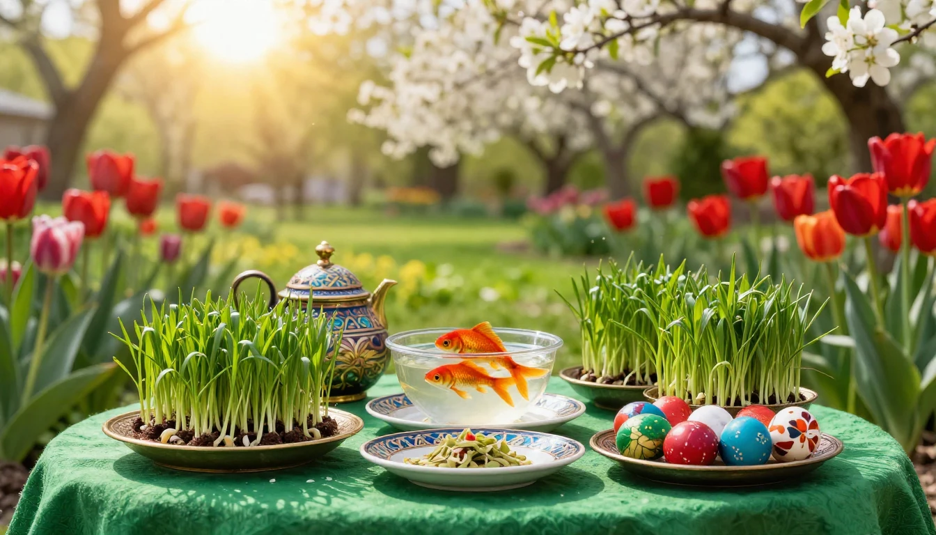 A vibrant and lush scene representing the Persian New Year. ...