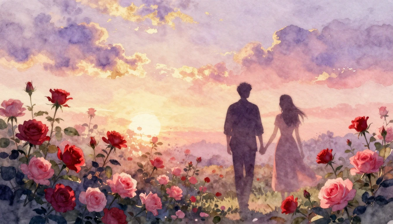 A dreamy and ethereal watercolor scene depicting two silhoue...