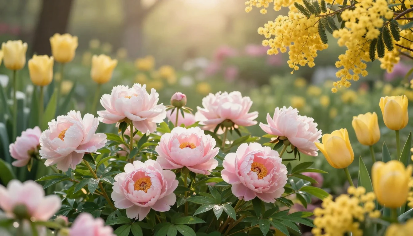 A lush and vibrant spring garden filled with blooming peonie...