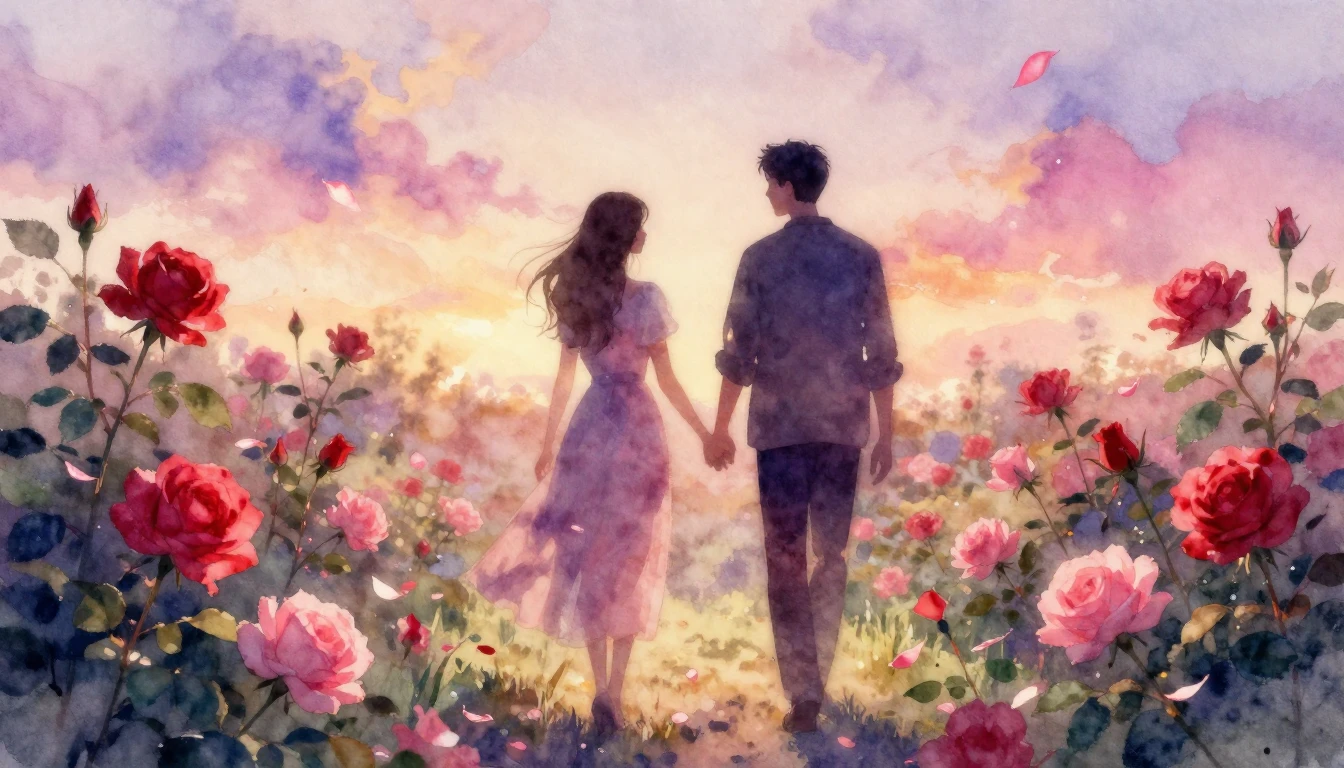 A delicate watercolor painting of two silhouettes walking th...