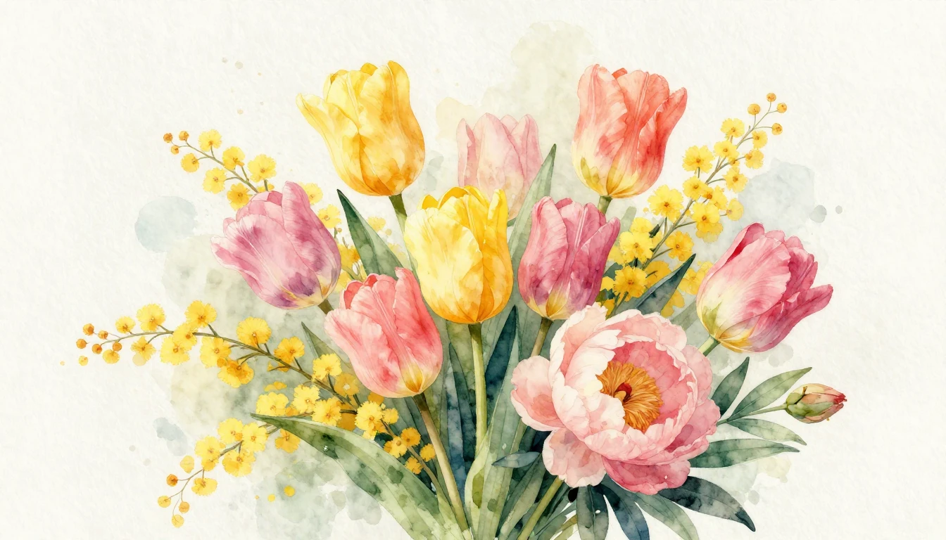 A beautiful watercolor painting of a vibrant spring bouquet ...
