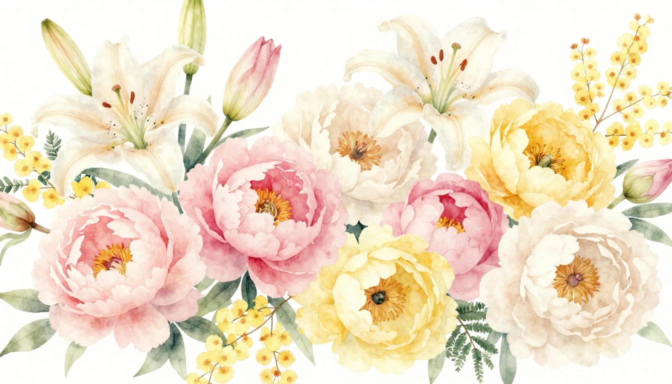 A beautiful and delicate watercolor painting of various bloo...