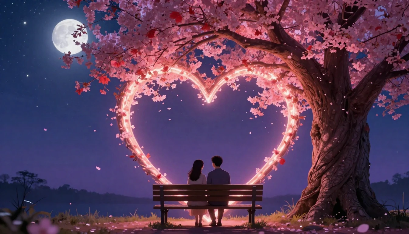 A romantic scene featuring a couple sitting on a wooden benc...