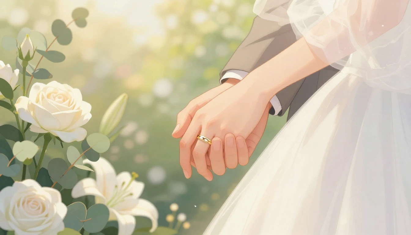 A romantic close-up illustration of a bride and groom holdin...