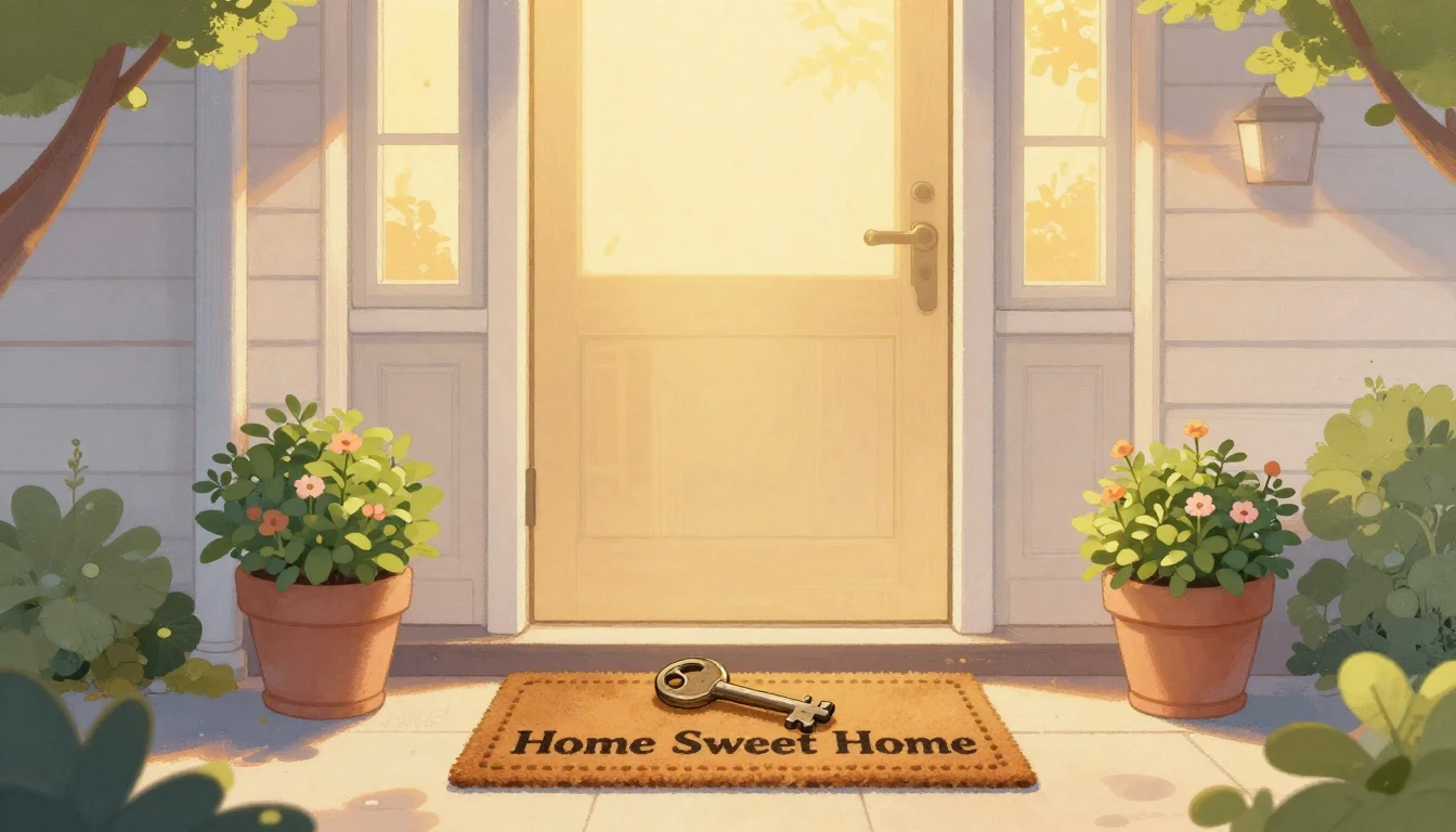 A warm and inviting illustration of a front door of a charmi...