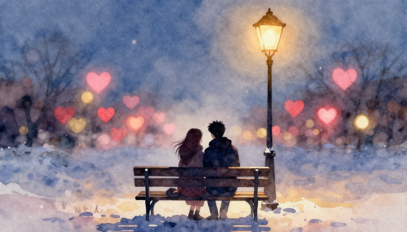 A soft and romantic watercolor painting depicting two silhou...