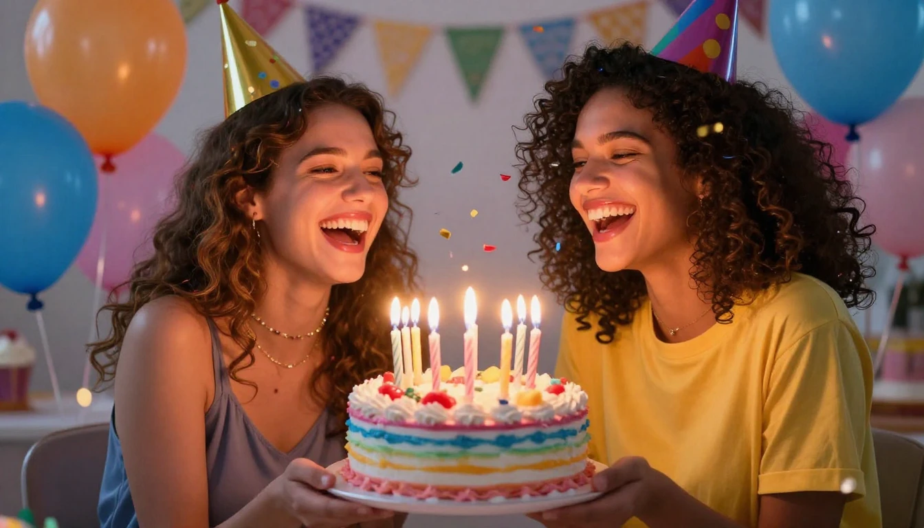 A joyful birthday celebration scene, two best friends laughi...