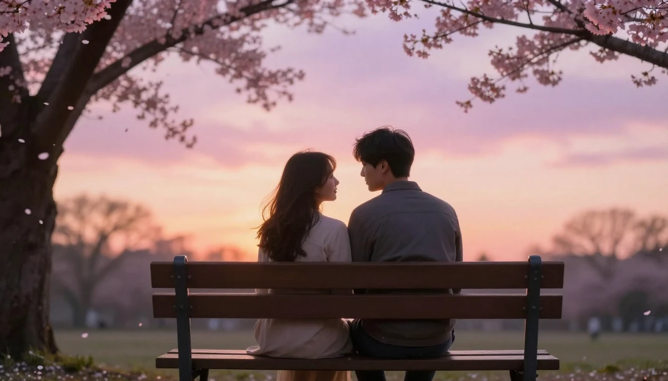 A romantic scene featuring a couple sitting on a wooden benc...