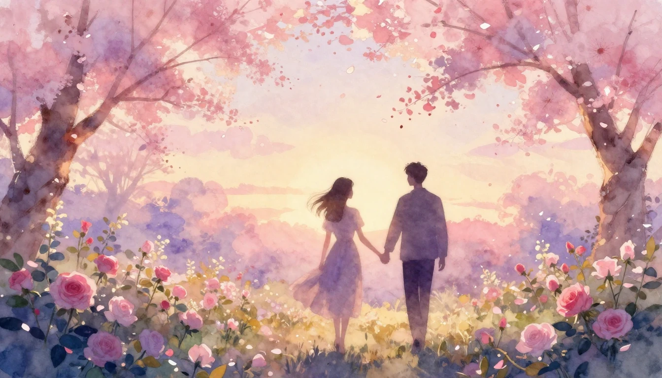 A dreamy watercolor painting of two silhouettes walking hand...