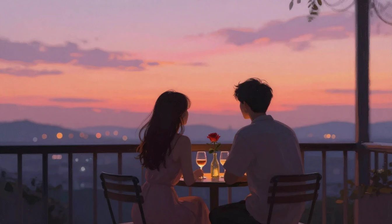 A romantic and dreamy scene of two silhouettes sitting toget...