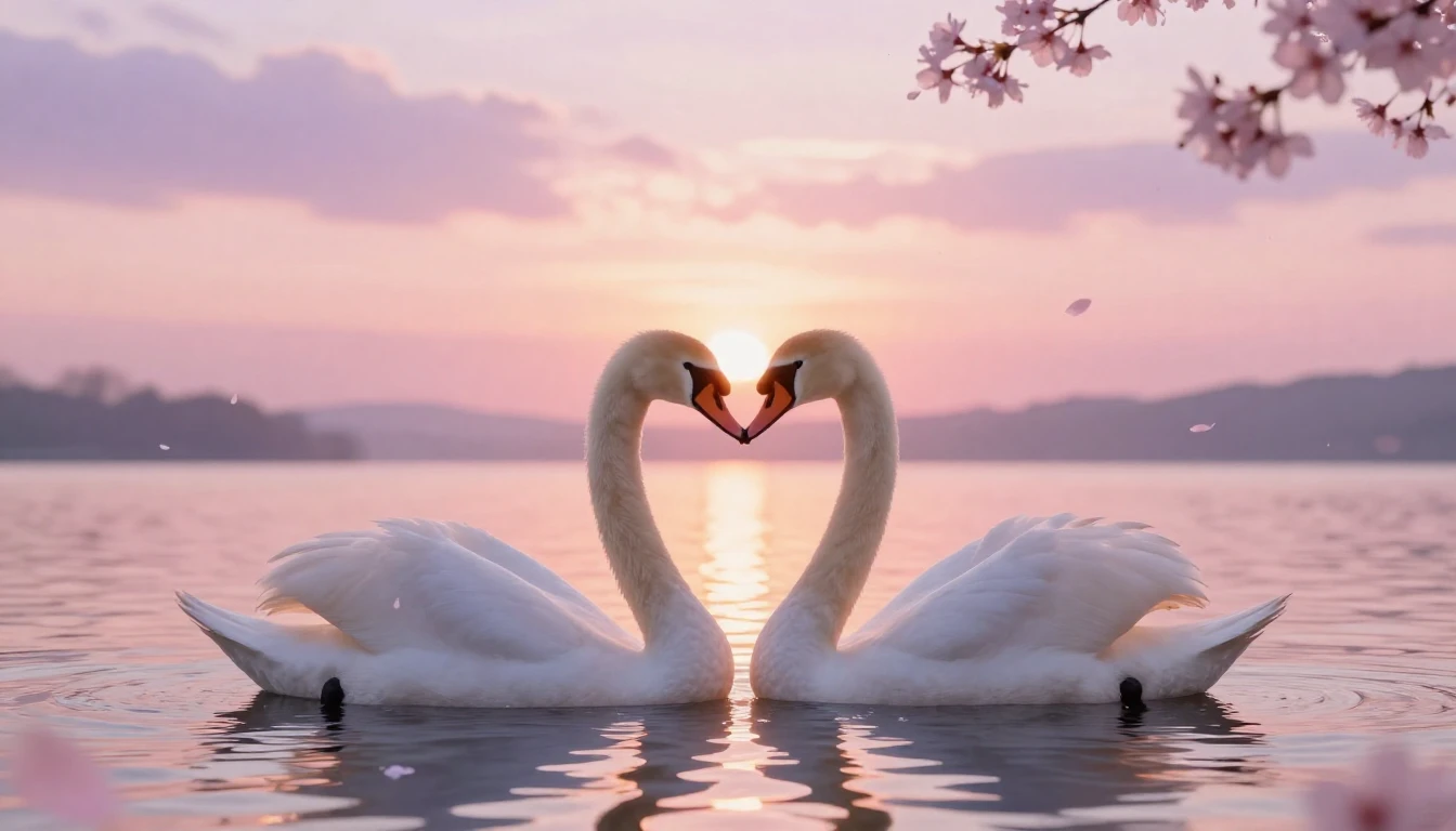 A dreamy and ethereal scene featuring two delicate swans for...