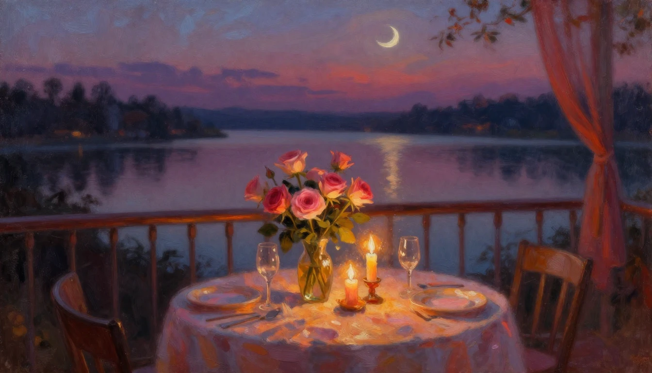 An impressionist oil painting of a cozy, candlelit dinner se...