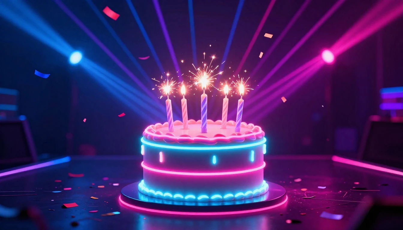 A vibrant and energetic birthday concept art featuring a glo...