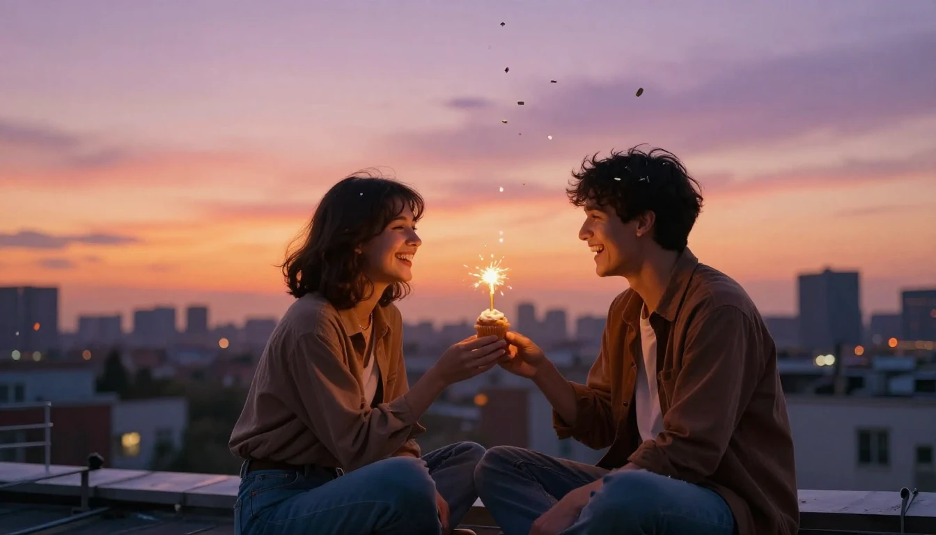 Two best friends sitting side by side on a rooftop at golden...