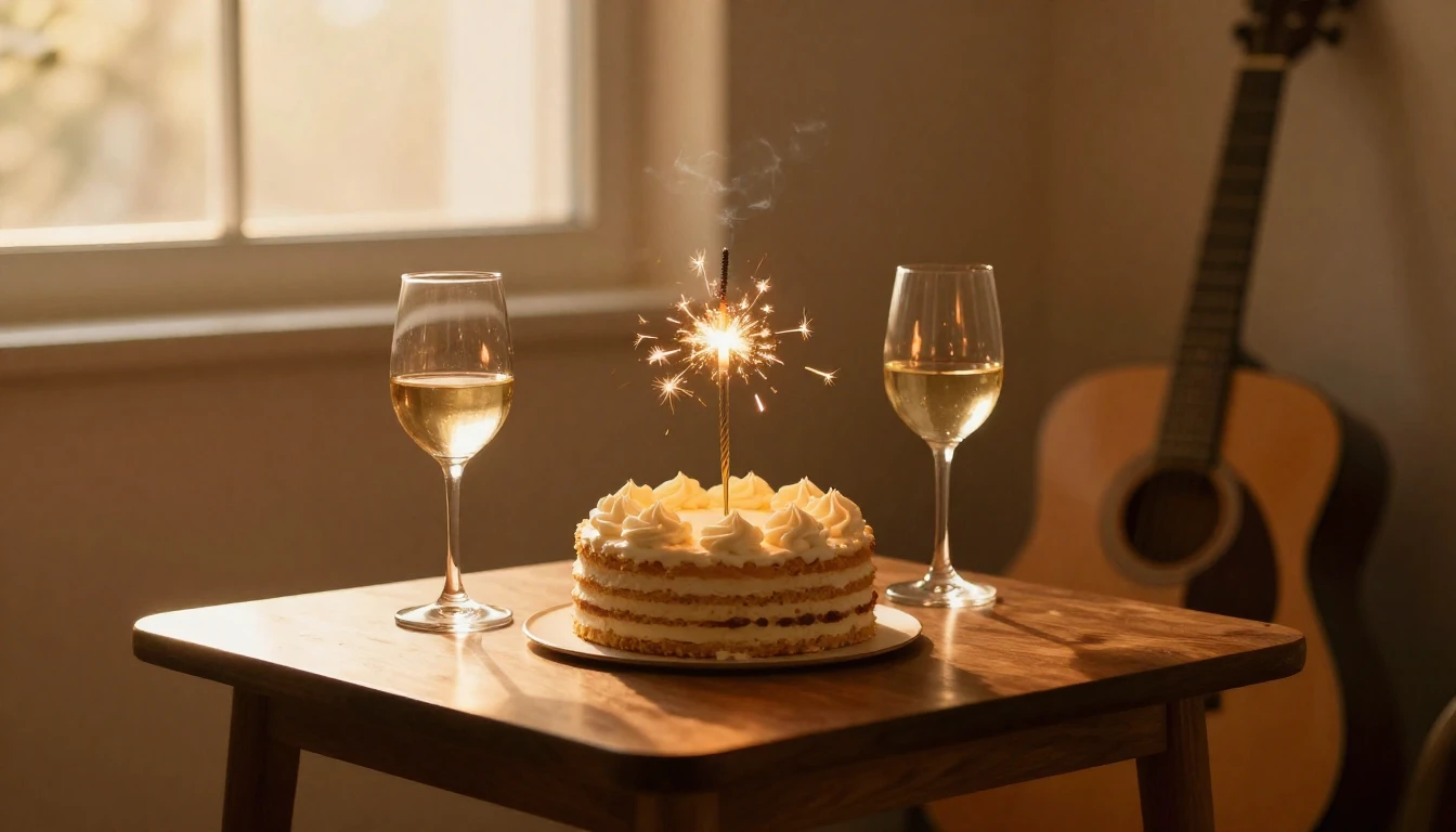 A warm, intimate birthday celebration scene. A beautifully d...