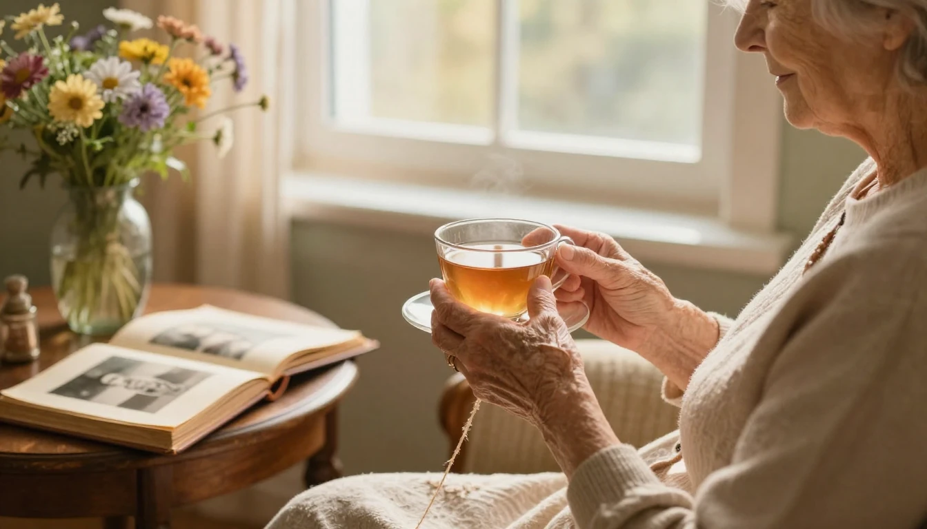 A warm and nostalgic scene featuring an elderly woman's hand...