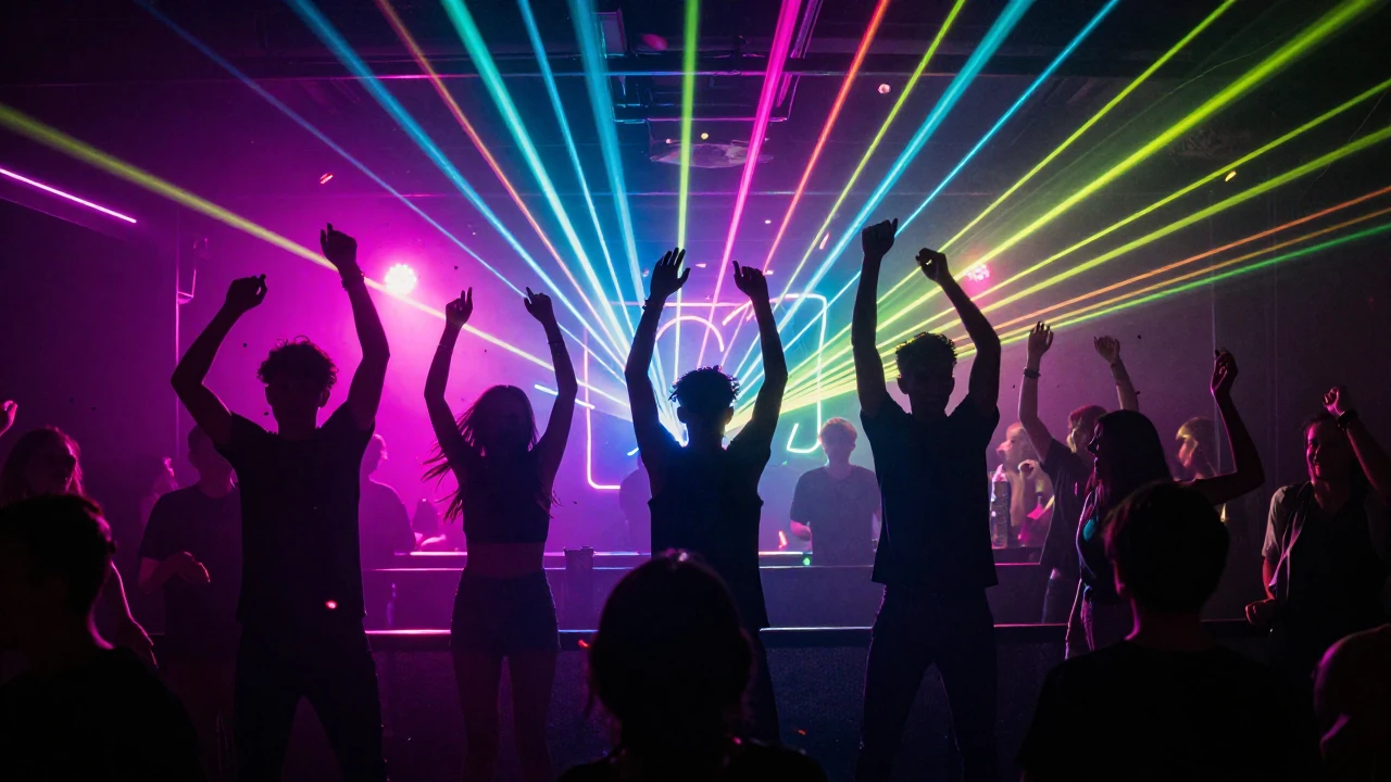 A vibrant and energetic party scene bursting with electric c...