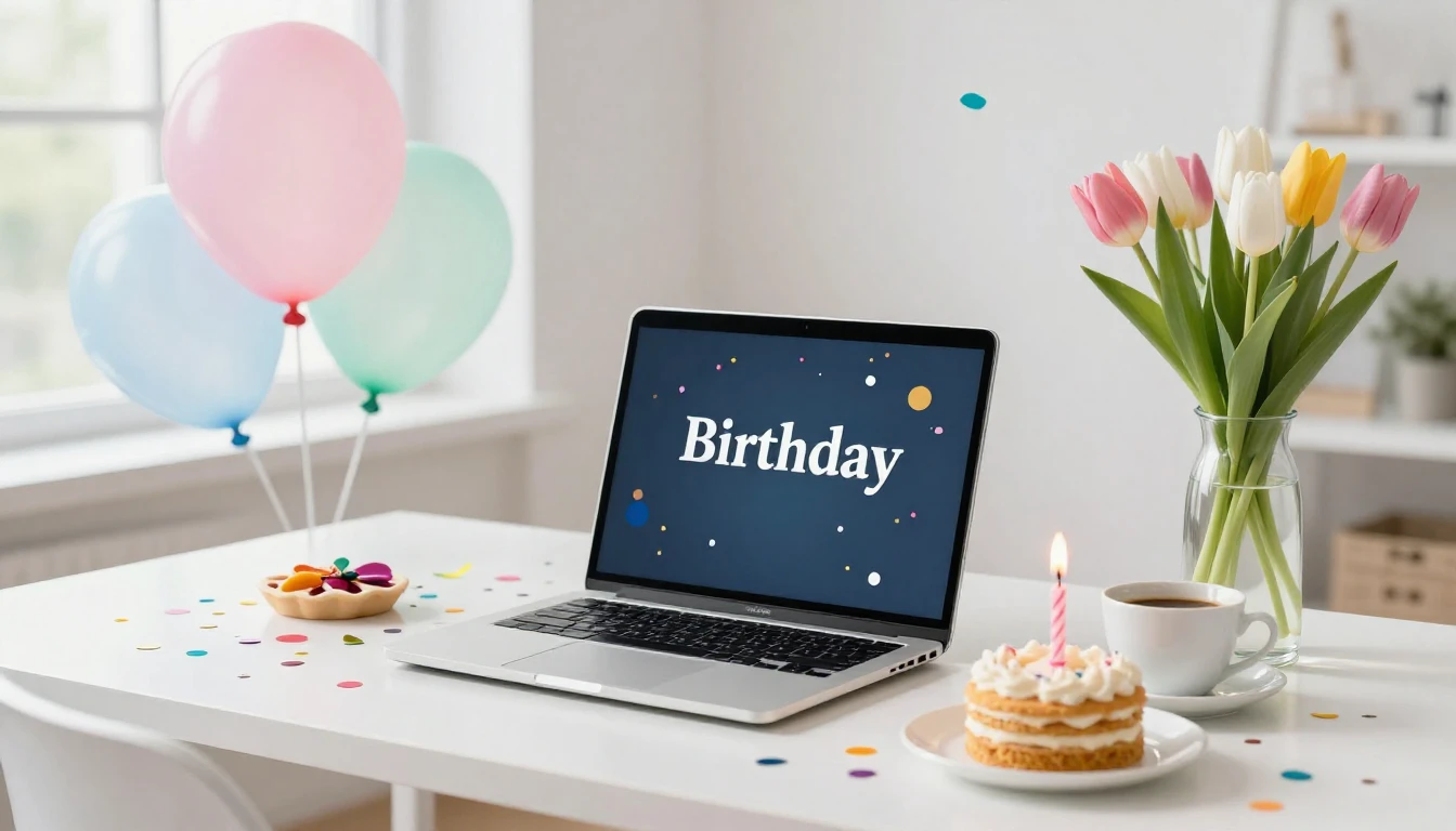 A festive office desk scene celebrating a birthday, bright a...