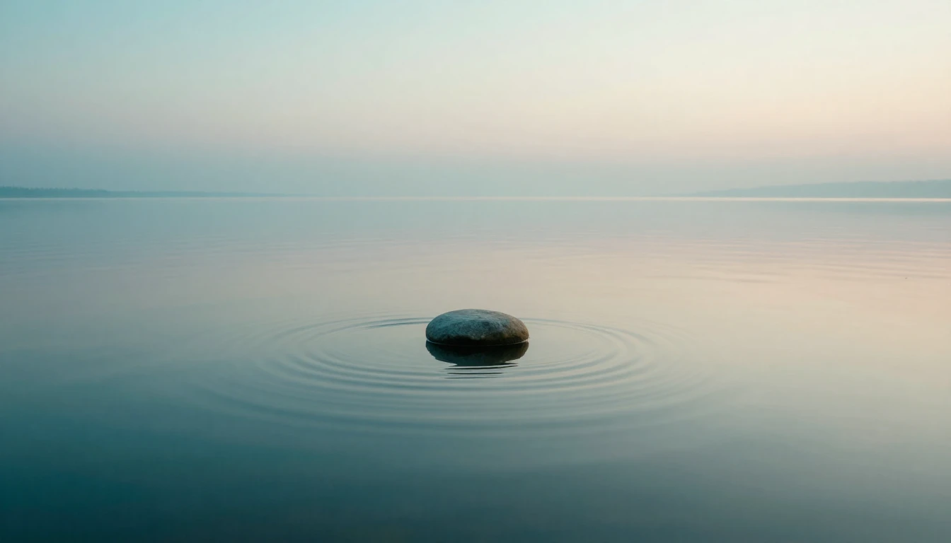 A serene and minimalist landscape featuring a calm, mirror-l...