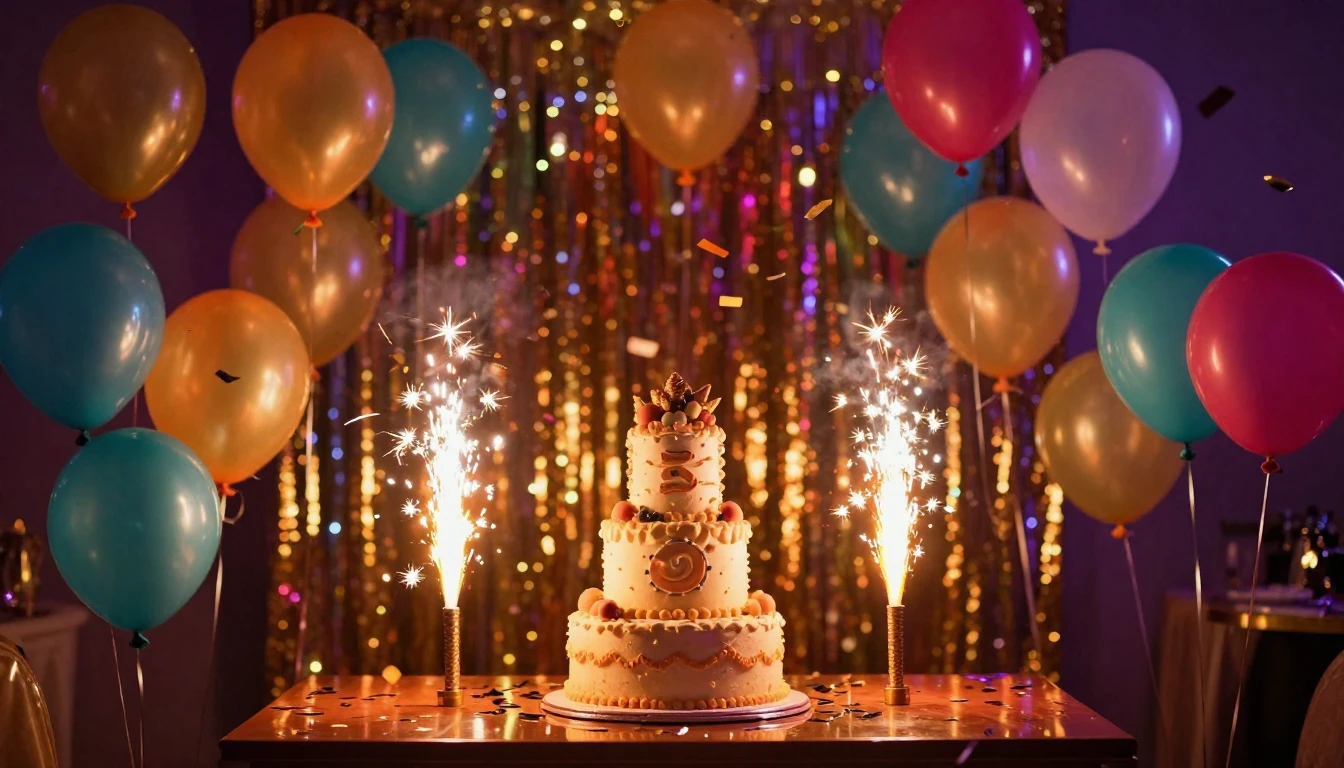 A vibrant and festive scene depicting a grand celebration. C...