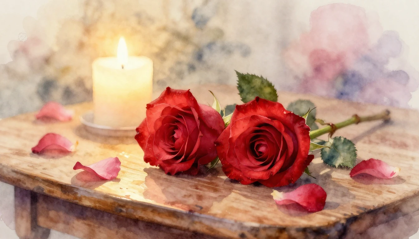 A delicate watercolor painting of two intertwined red roses ...