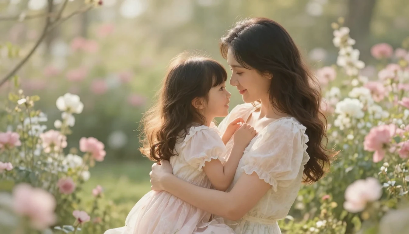 A heartwarming and tender illustration of a mother and her d...