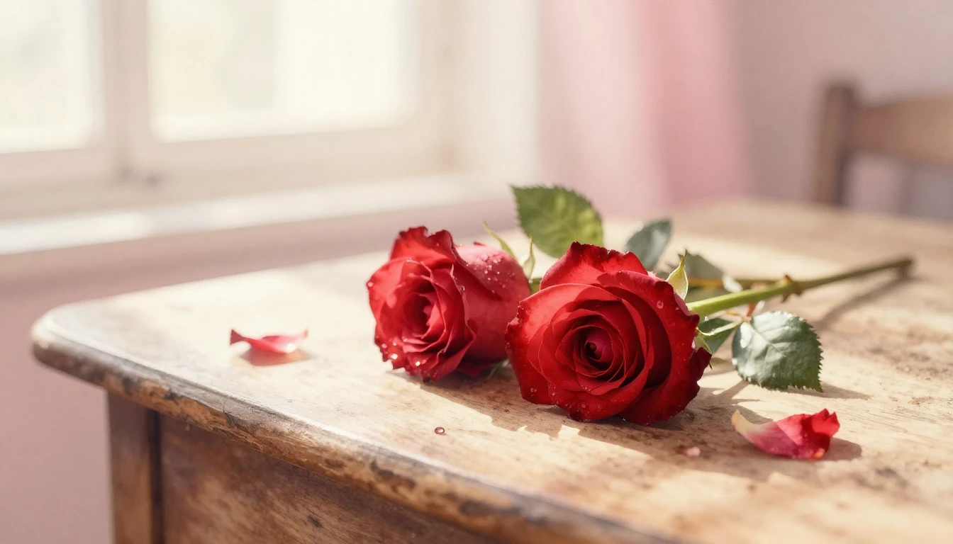 A delicate watercolor painting of two intertwined red roses ...