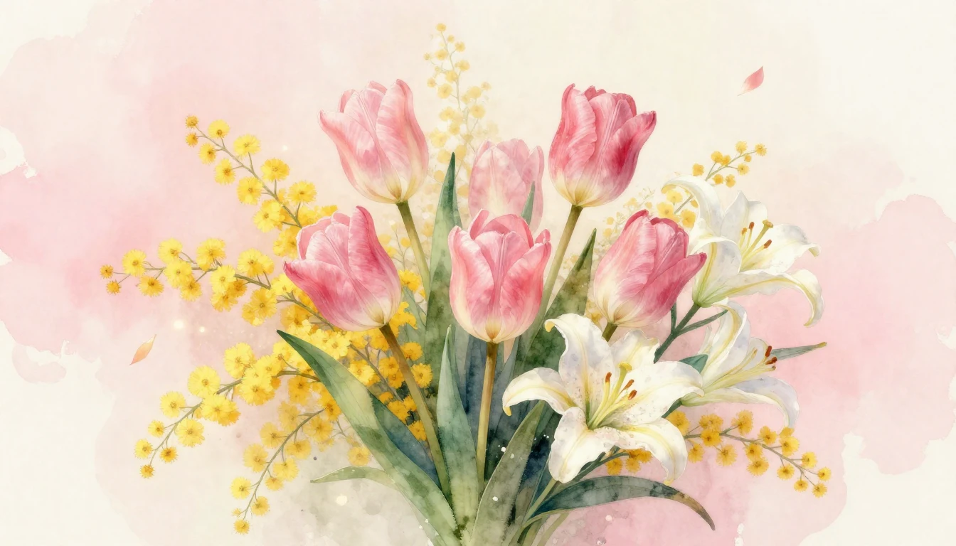 A delicate watercolor painting of a lush bouquet featuring p...