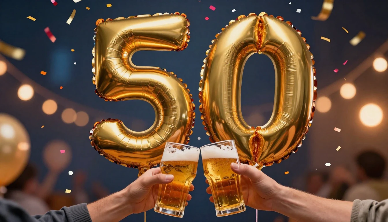 A festive and vibrant digital artwork celebrating a 50th bir...