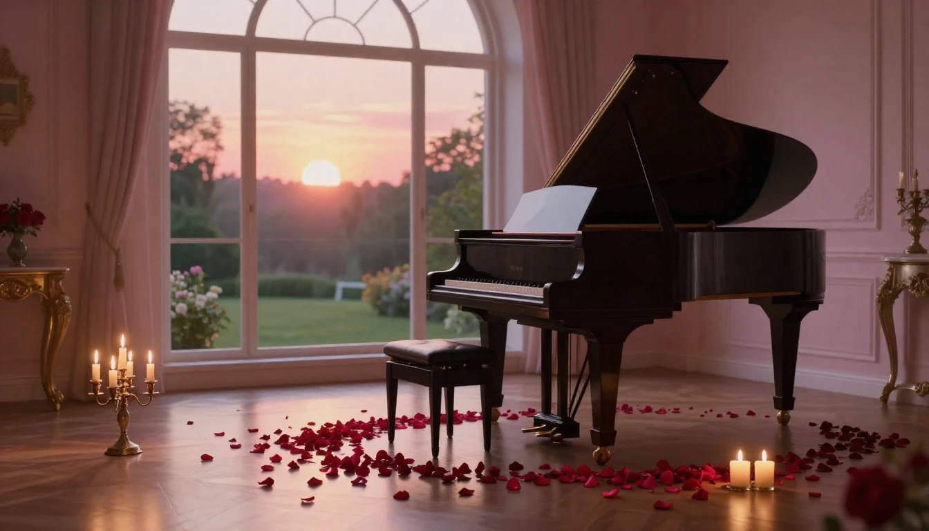 A breathtaking scene of a quiet, elegant room at dusk. A gra...