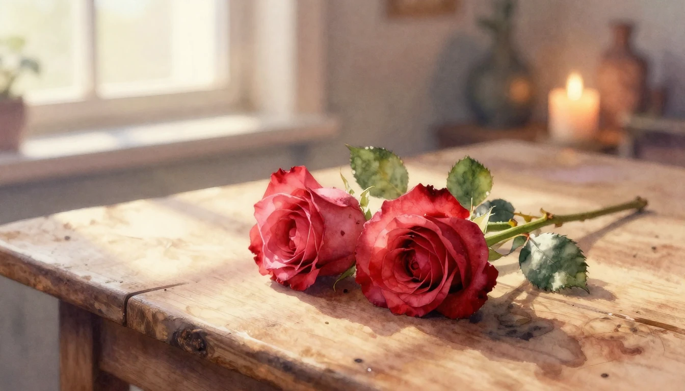 A beautiful watercolor painting of two delicate red roses in...