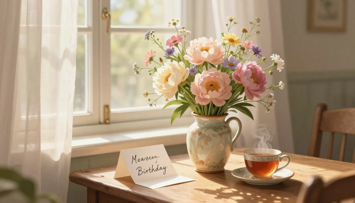 A warm and cozy illustration featuring a bouquet of gentle w...