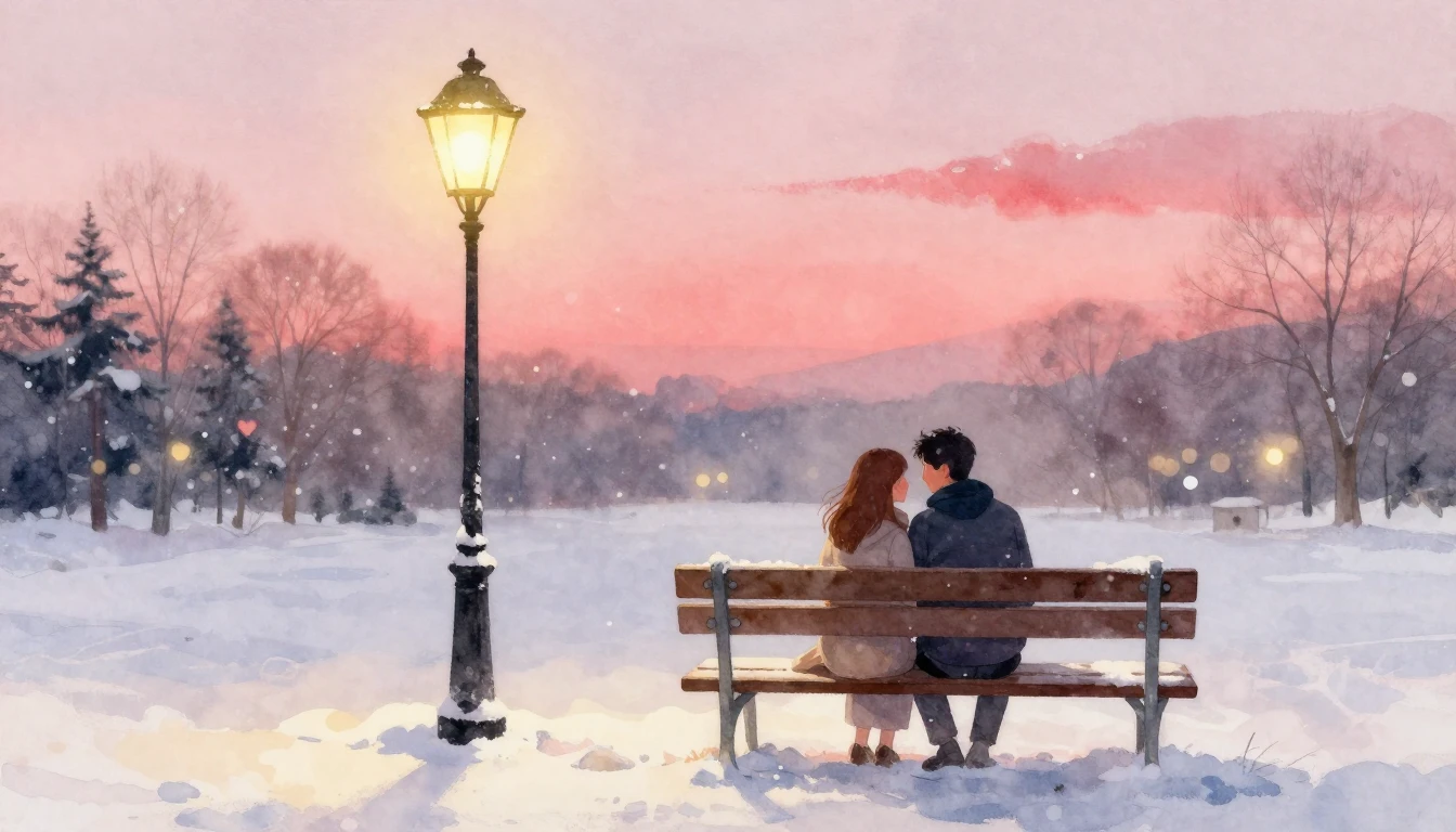 A romantic watercolor painting of a couple sitting close tog...