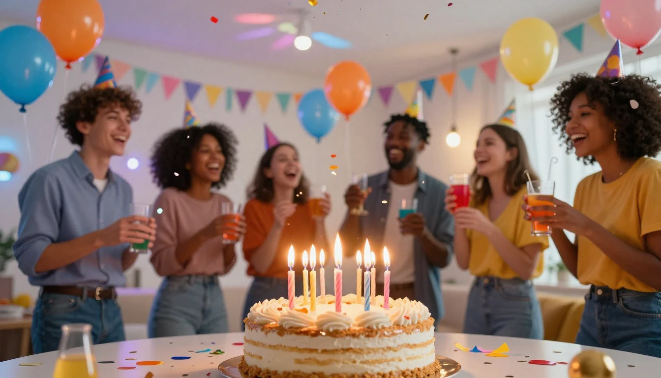 A vibrant and cheerful birthday party scene inside a modern ...