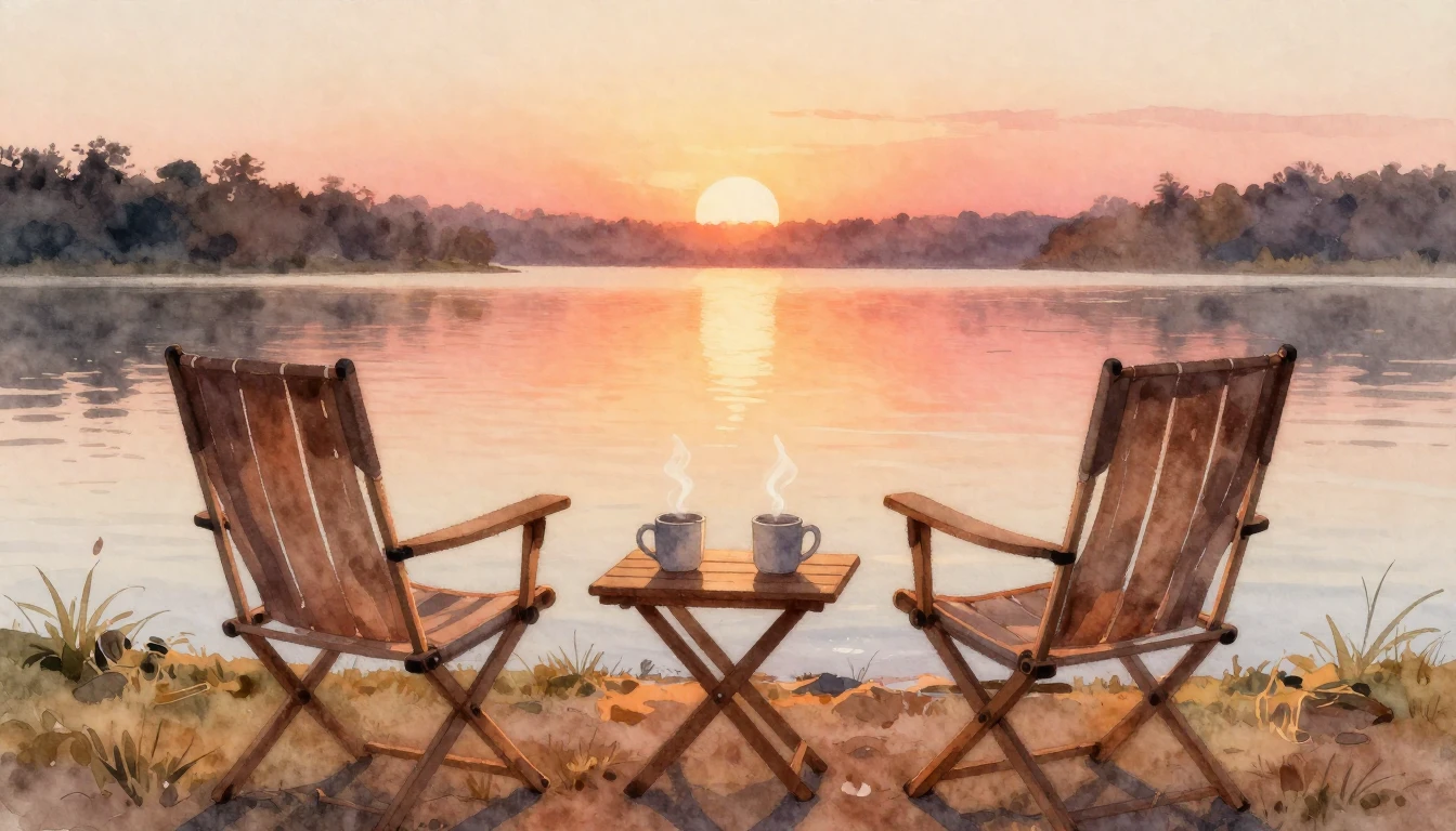 A soft watercolor painting depicting two empty chairs facing...