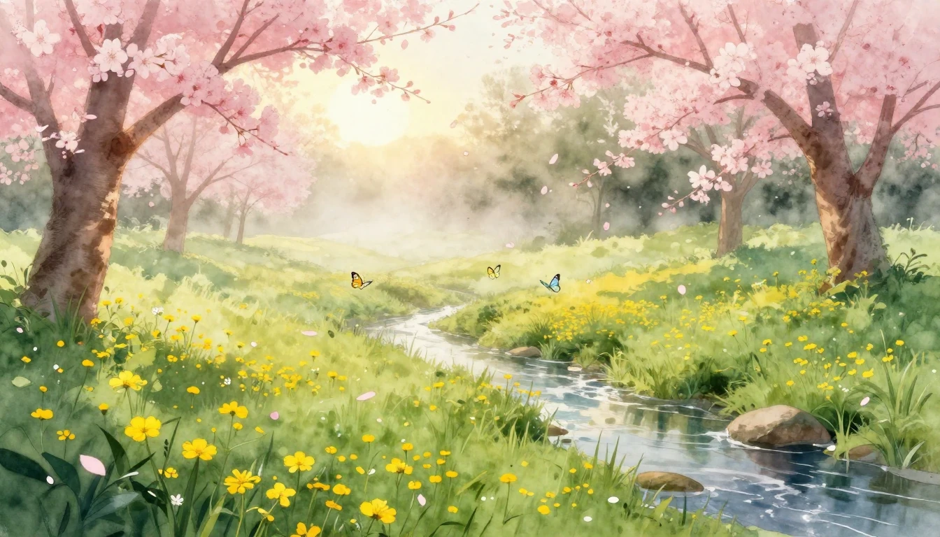 A beautiful watercolor painting of a lush meadow at dawn. So...