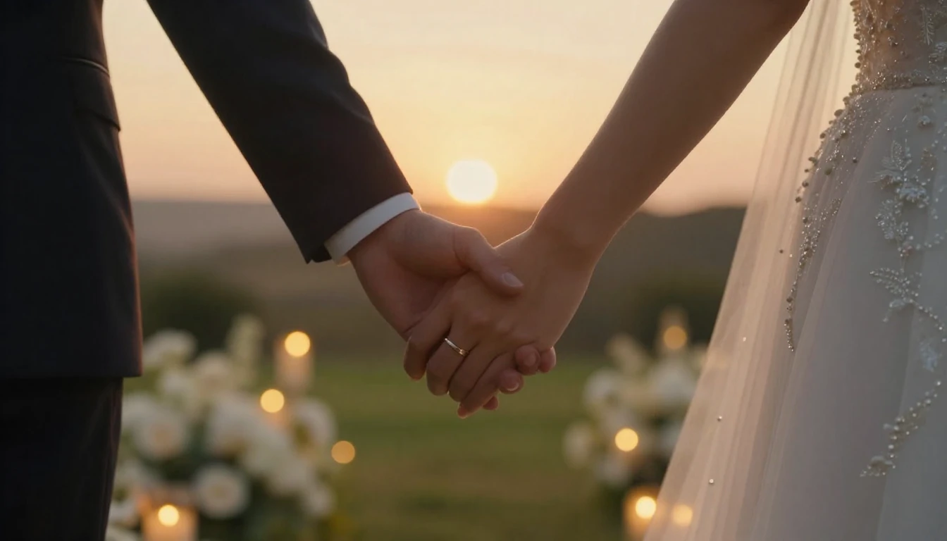 A cinematic and romantic close-up shot of a bride and groom ...
