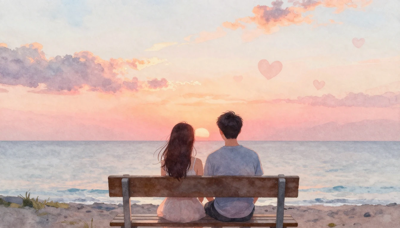 A romantic watercolor painting of a couple sitting on a wood...