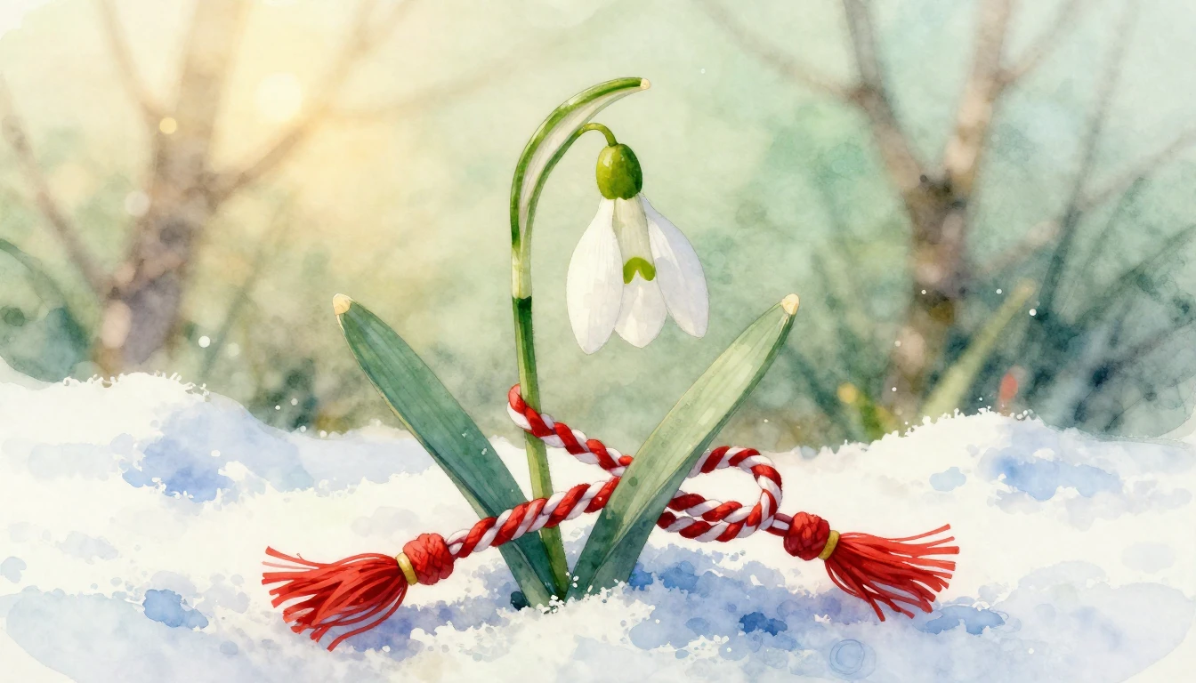 A delicate watercolor painting of a blooming snowdrop flower...
