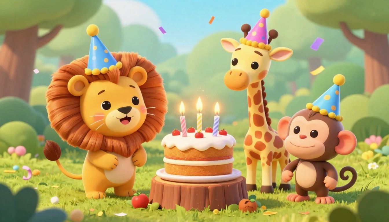 A vibrant and adorable 3D scene in a sunny forest clearing. ...