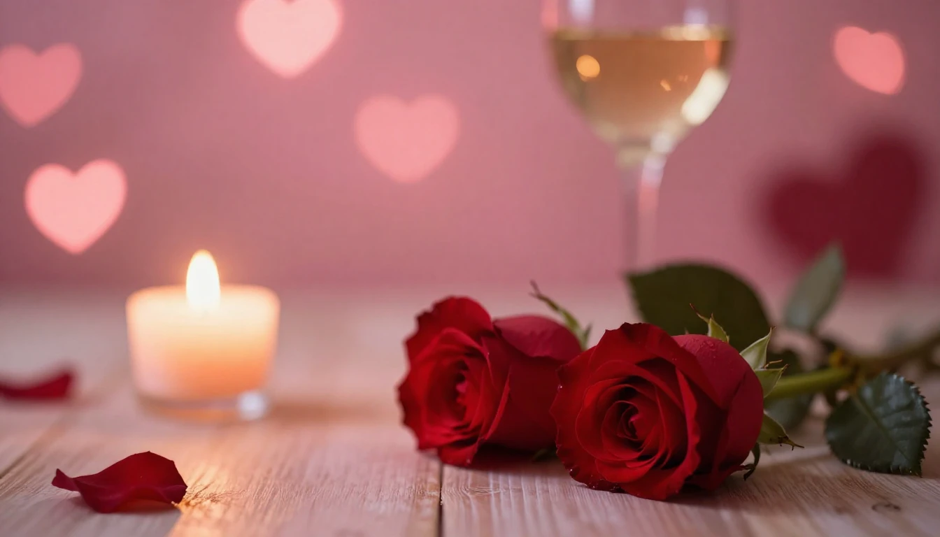 A soft and dreamy scene featuring two delicate red roses lyi...