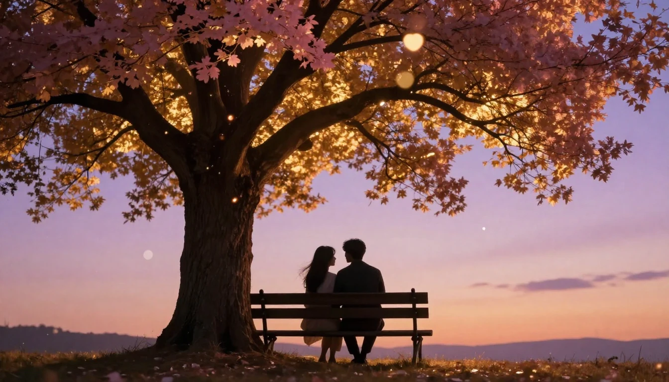 A romantic scene featuring two silhouettes sitting close tog...