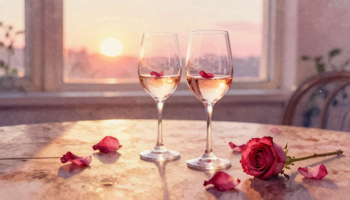 A soft watercolor painting of two elegant wine glasses on a ...